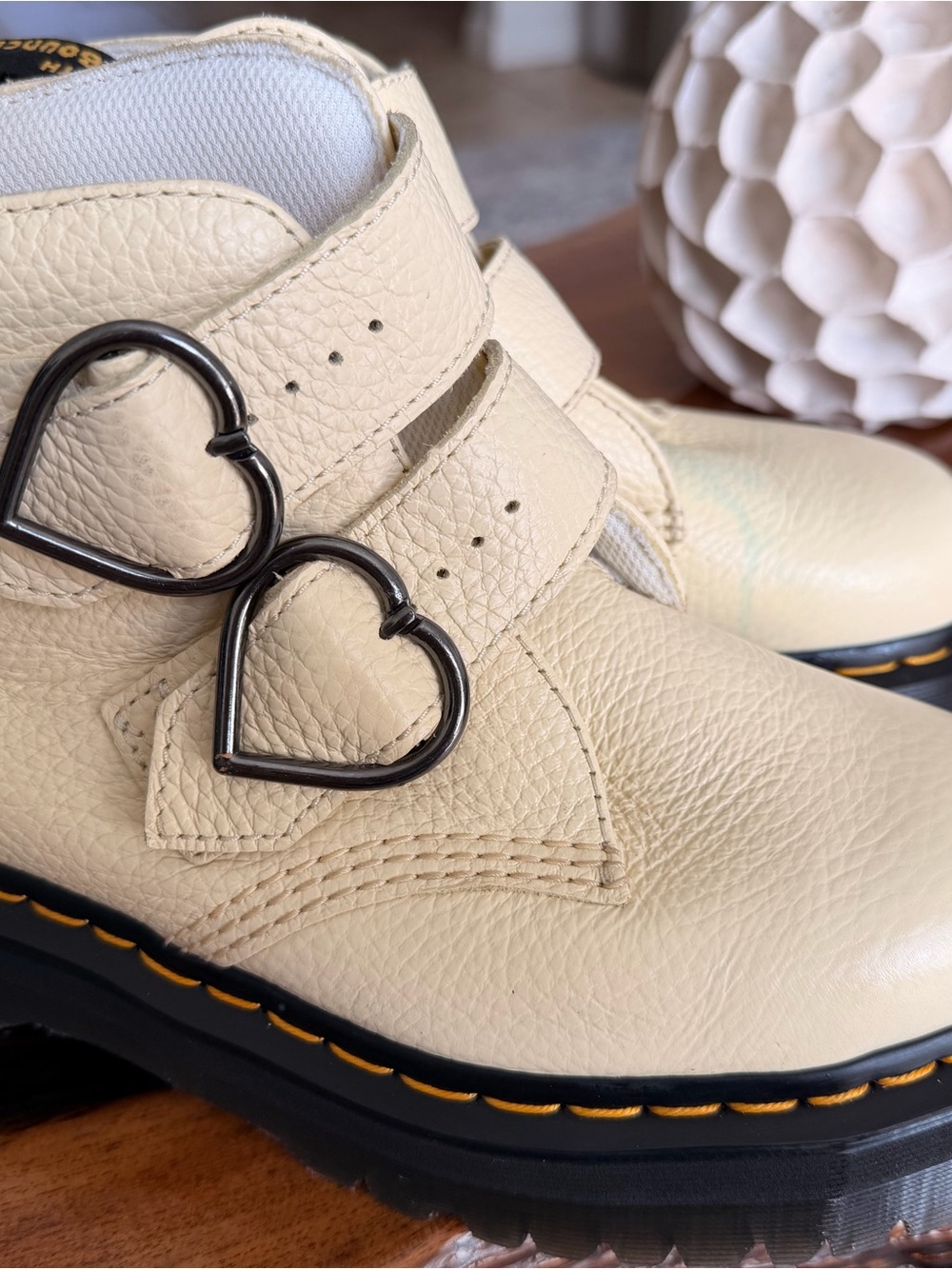 Dr. Martens Cream Leather Heart-Buckle Combat Boots